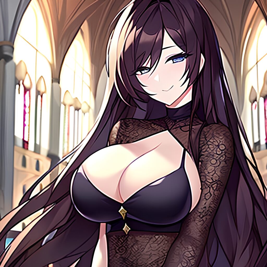church woman fishnet messy hair long hair brunette 