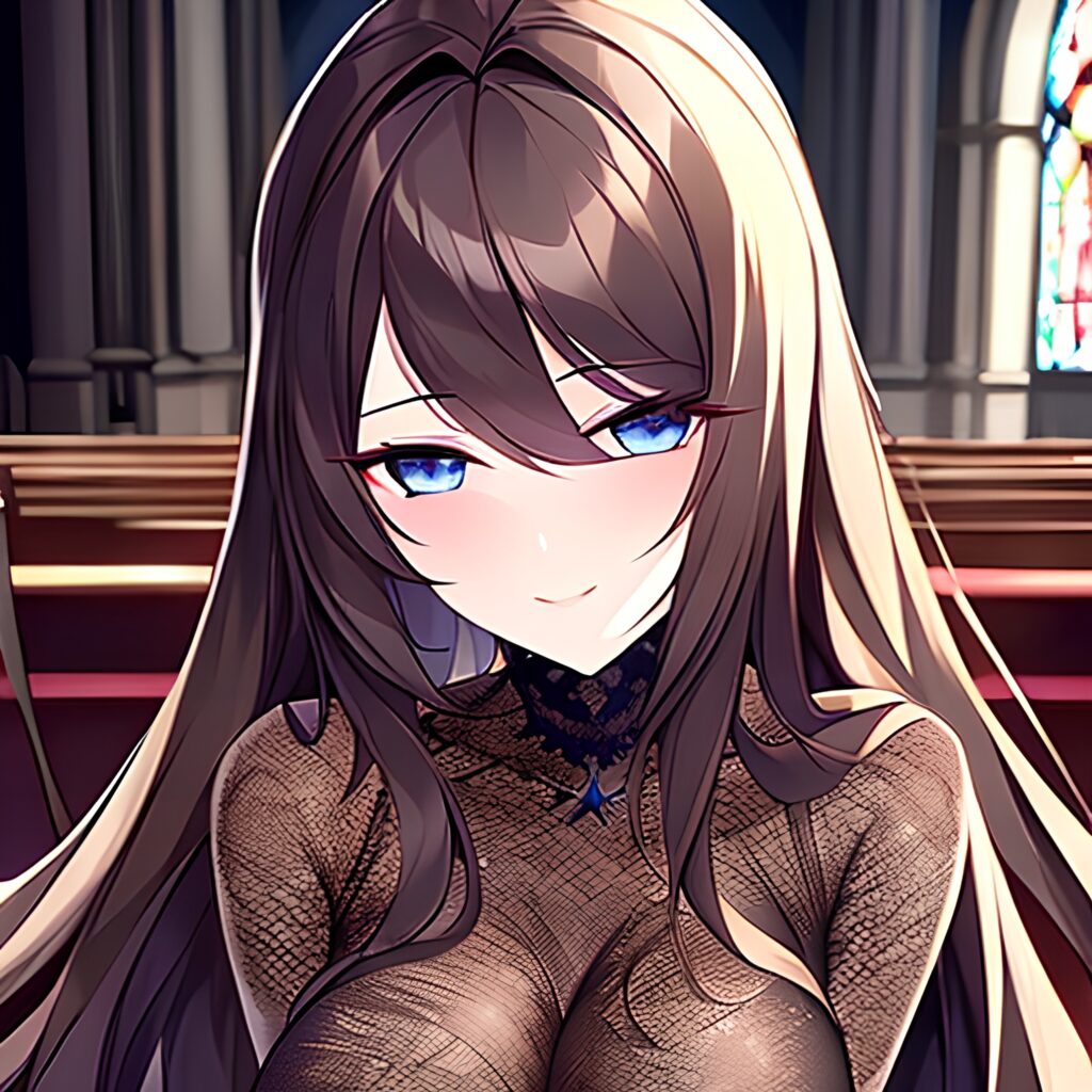 church woman fishnet messy hair long hair brunette 