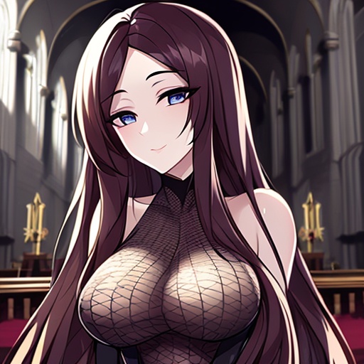 church woman fishnet messy hair long hair brunette 