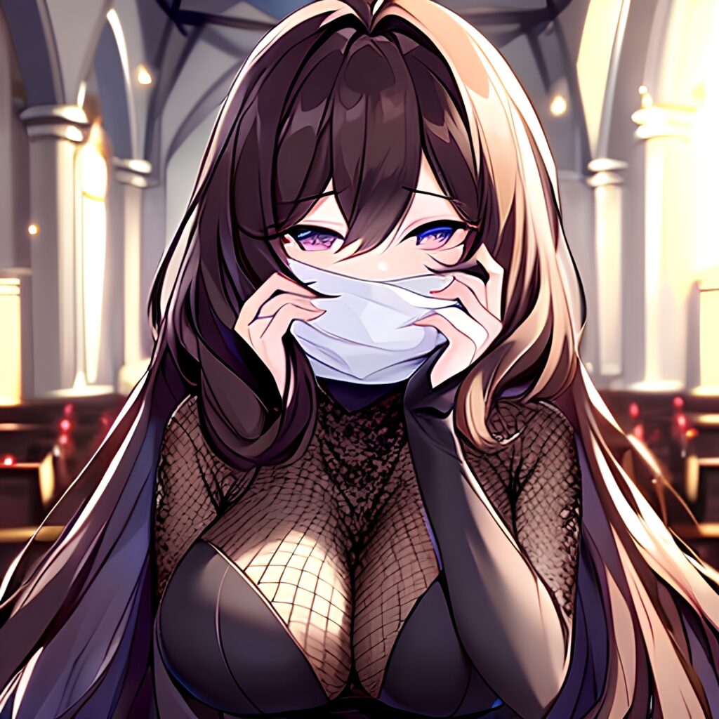 church woman fishnet messy hair long hair brunette 