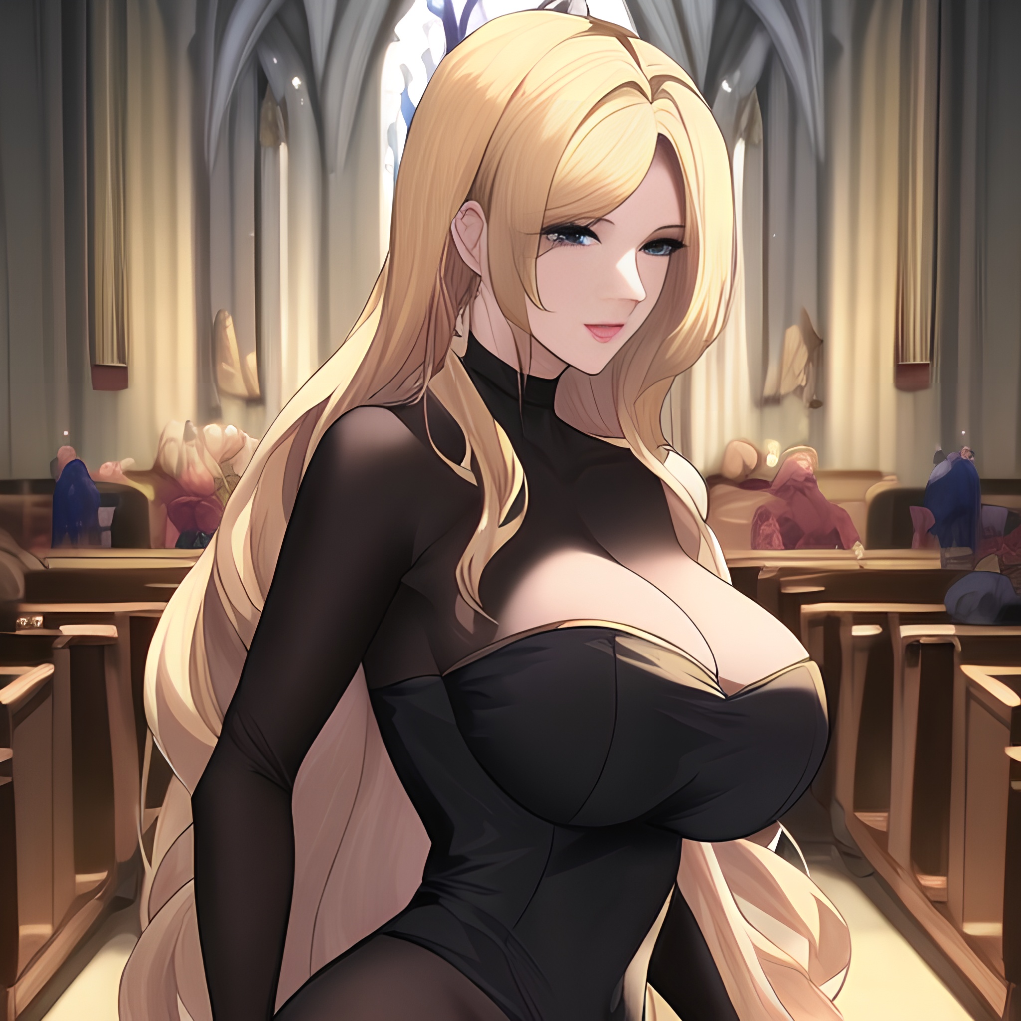 church woman front view long hair small boobs fishnet nude blonde 