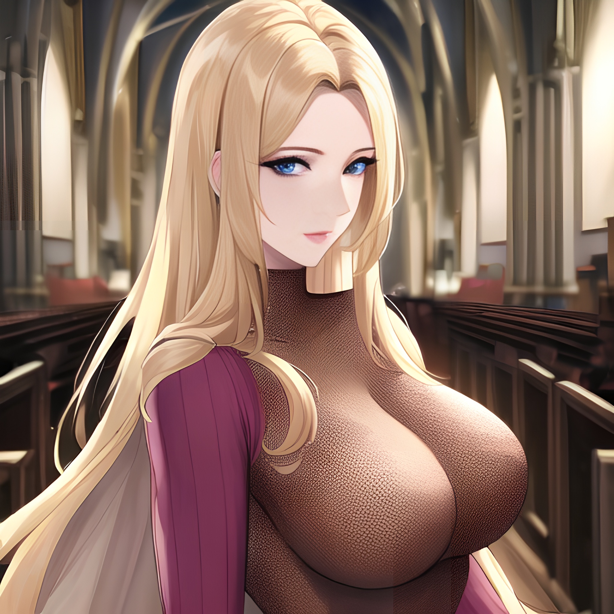 church woman front view long hair small boobs nude blonde fishnet 