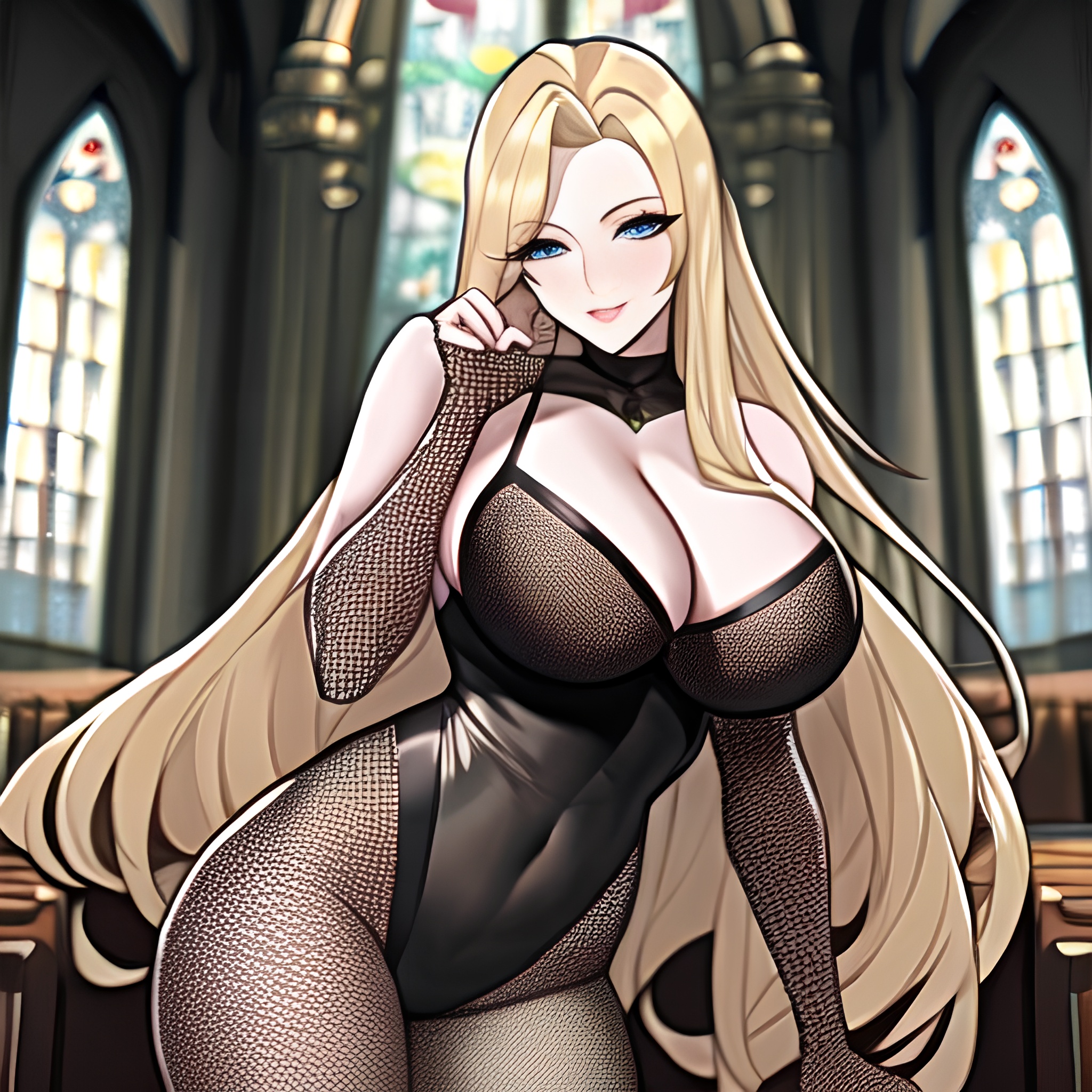 church woman long hair blonde fishnet 