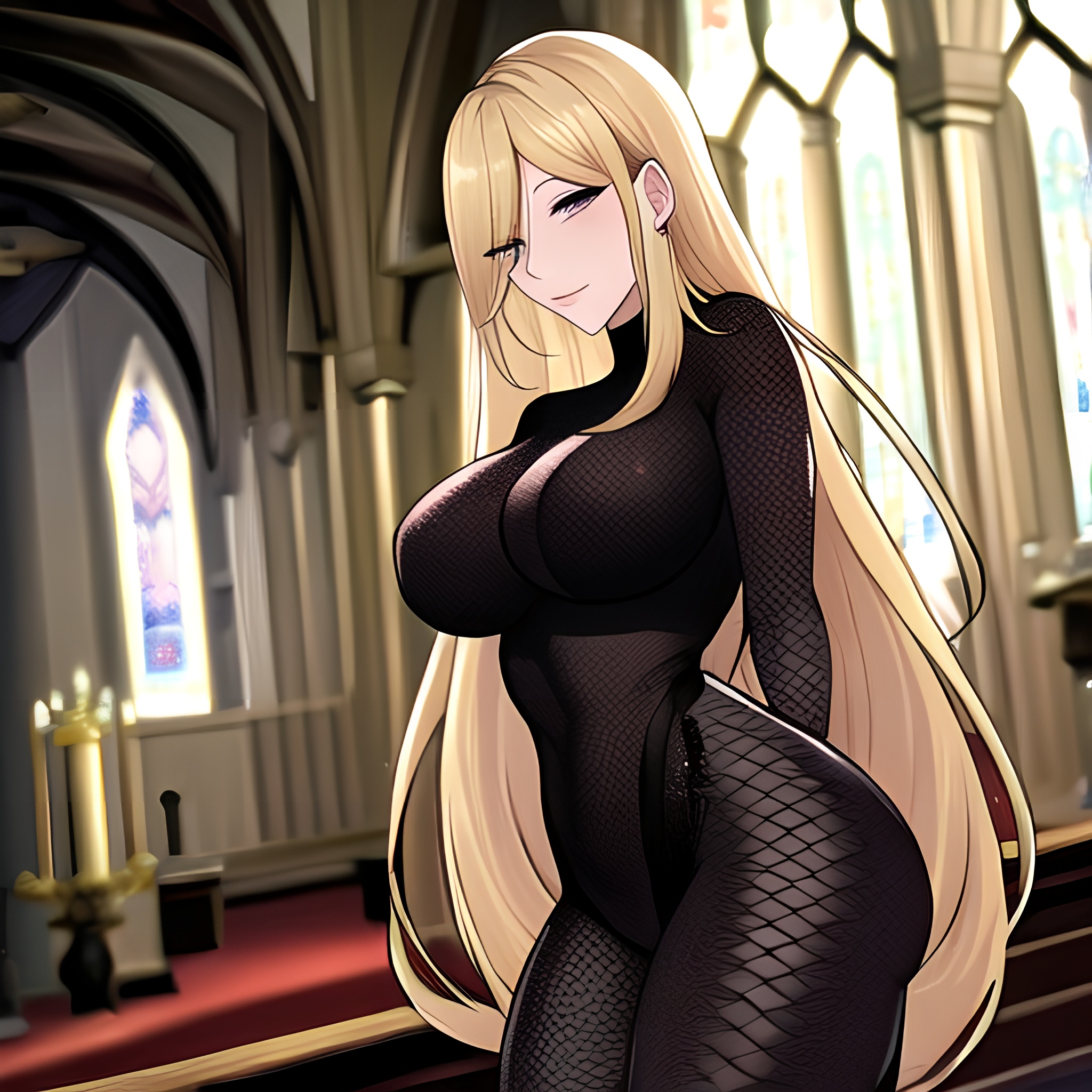 church woman long hair blonde fishnet 