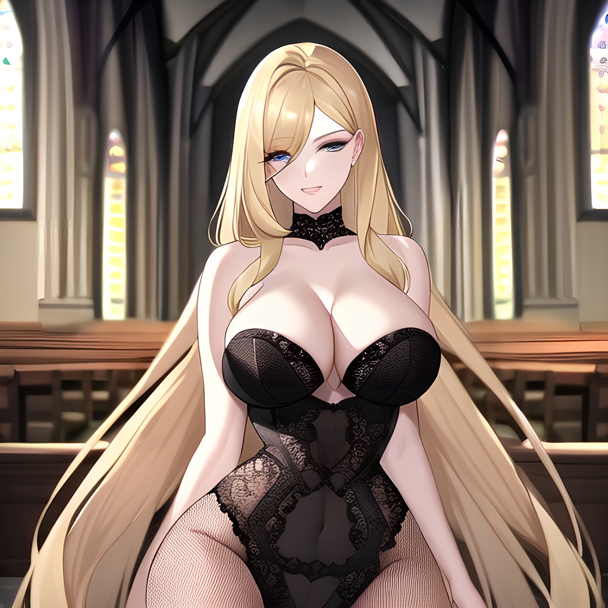 church woman long hair blonde fishnet 