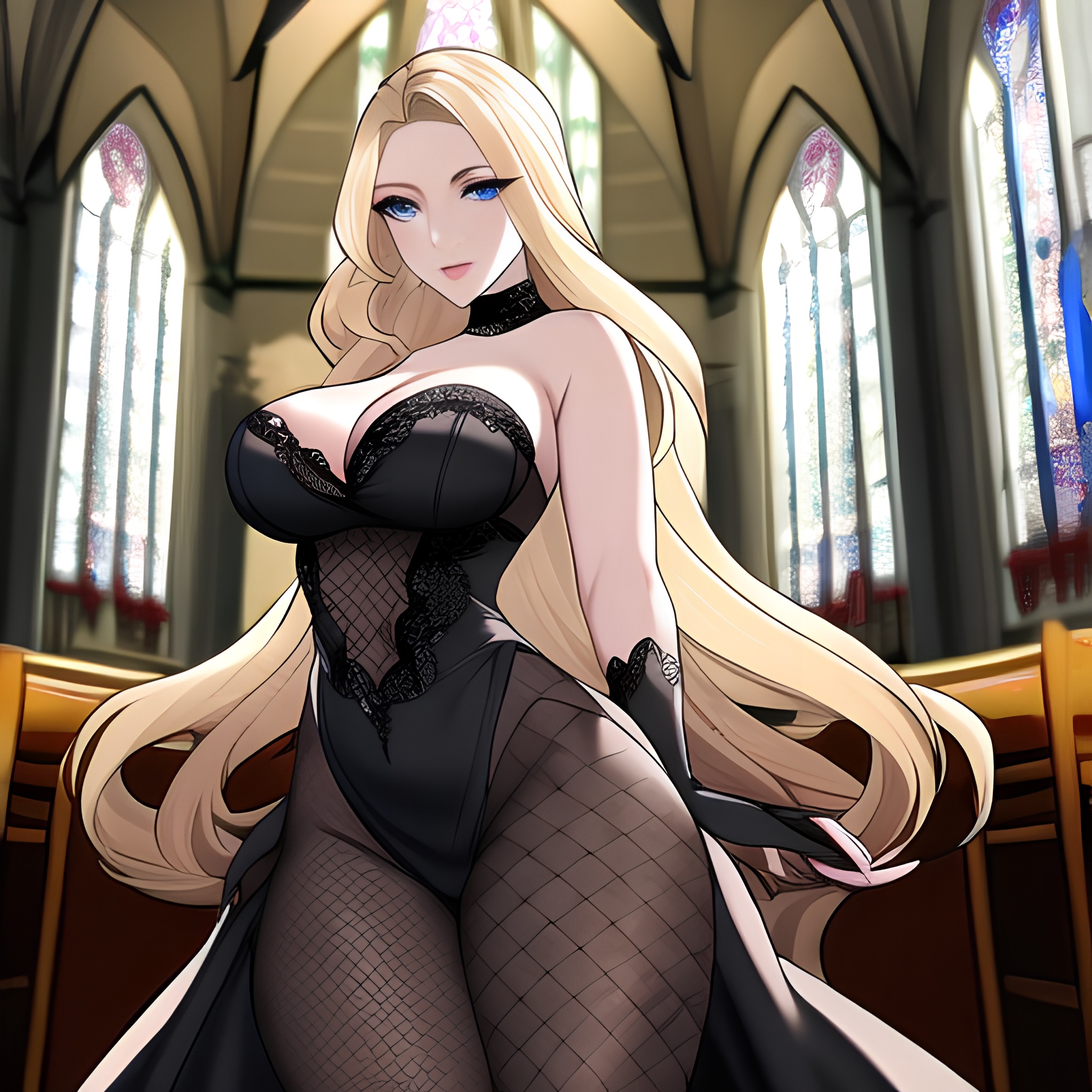 church woman long hair blonde fishnet 