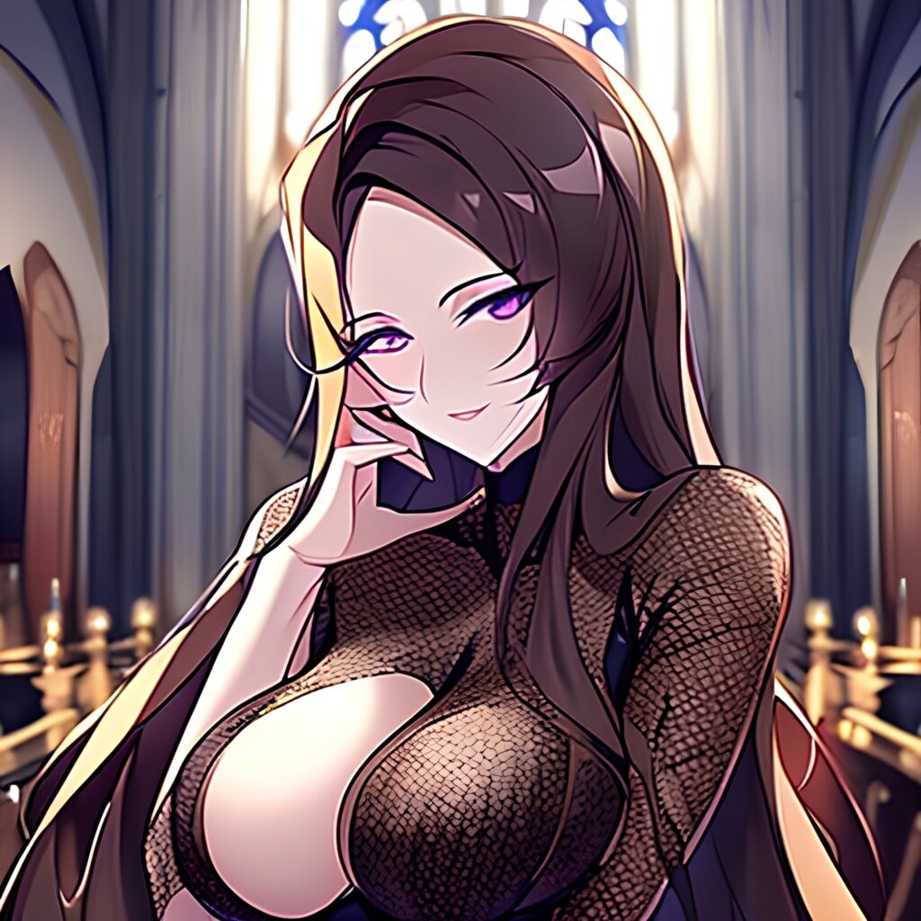 church woman long hair brunette fishnet messy hair 