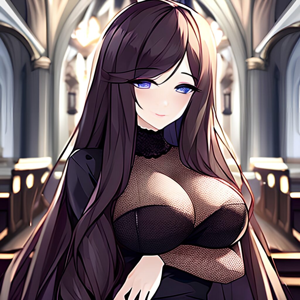 church woman long hair brunette fishnet messy hair