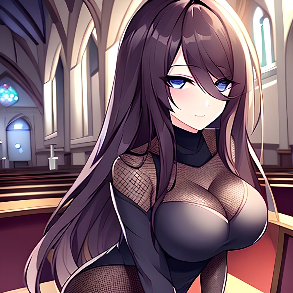 church woman long hair brunette fishnet messy hair 