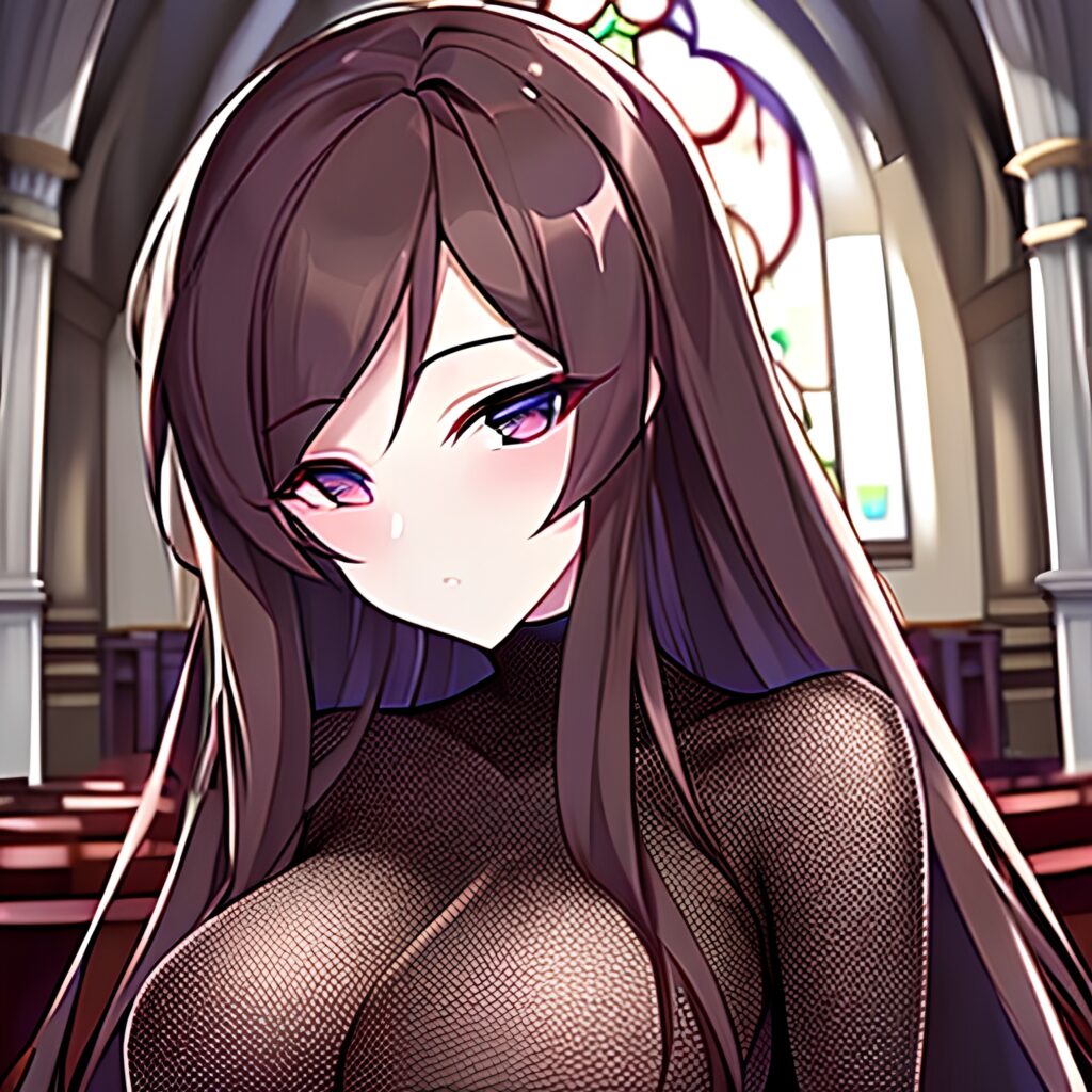 church woman long hair brunette fishnet messy hair 