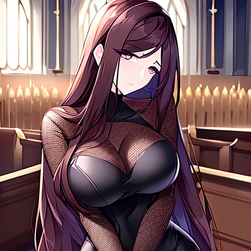 church woman long hair brunette fishnet messy hair 