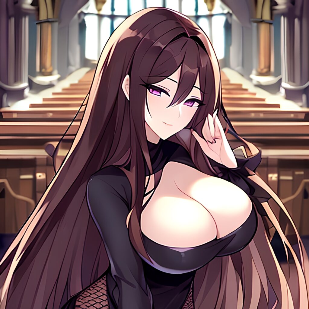 church woman long hair brunette fishnet messy hair 