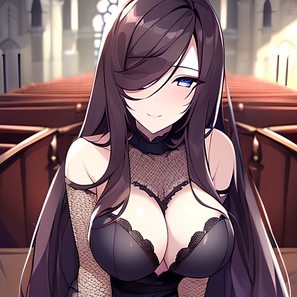 church woman long hair brunette messy hair fishnet 