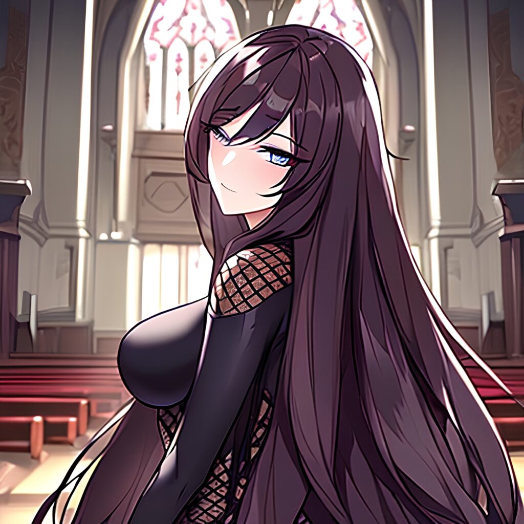 church woman long hair brunette messy hair fishnet 