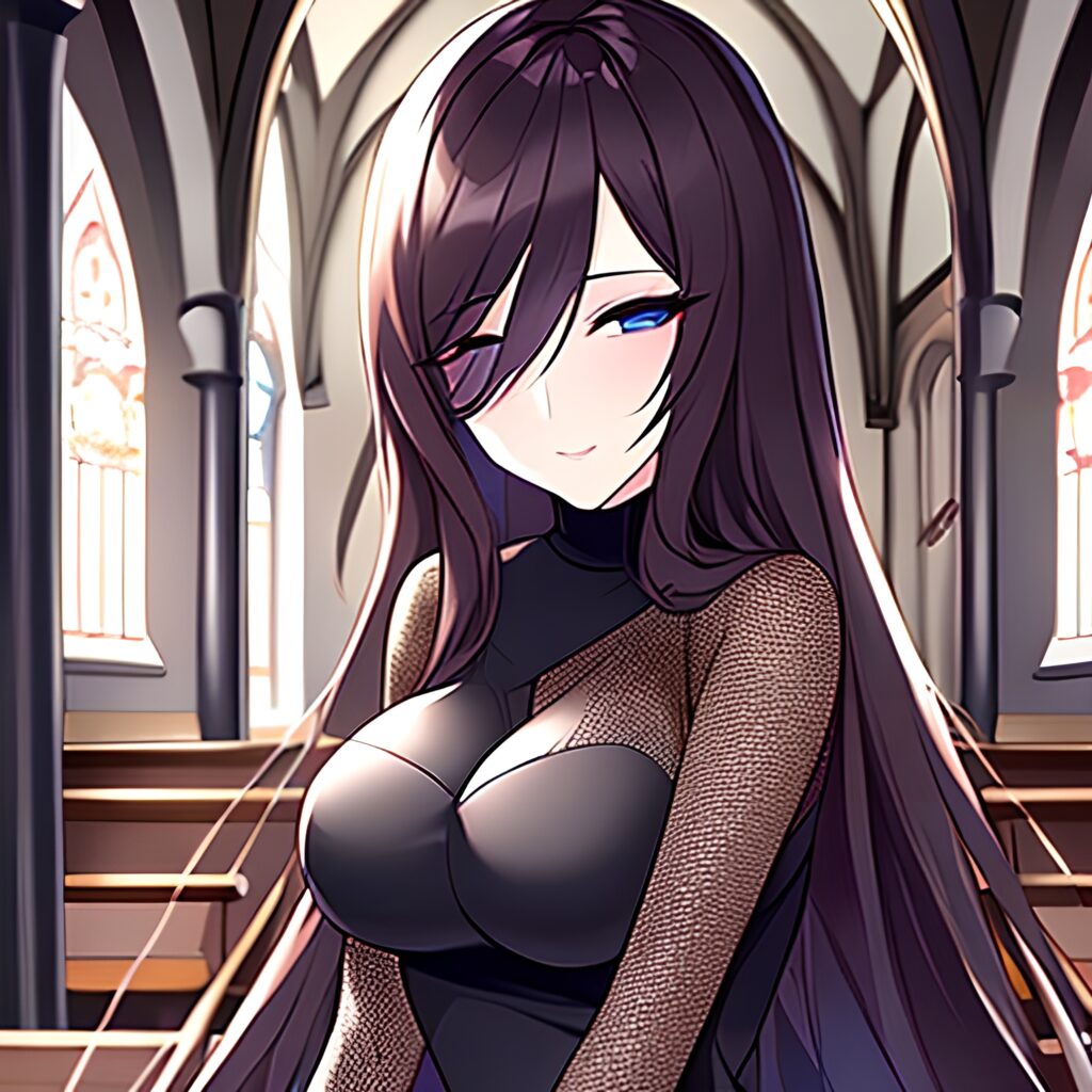 church woman long hair brunette messy hair fishnet 