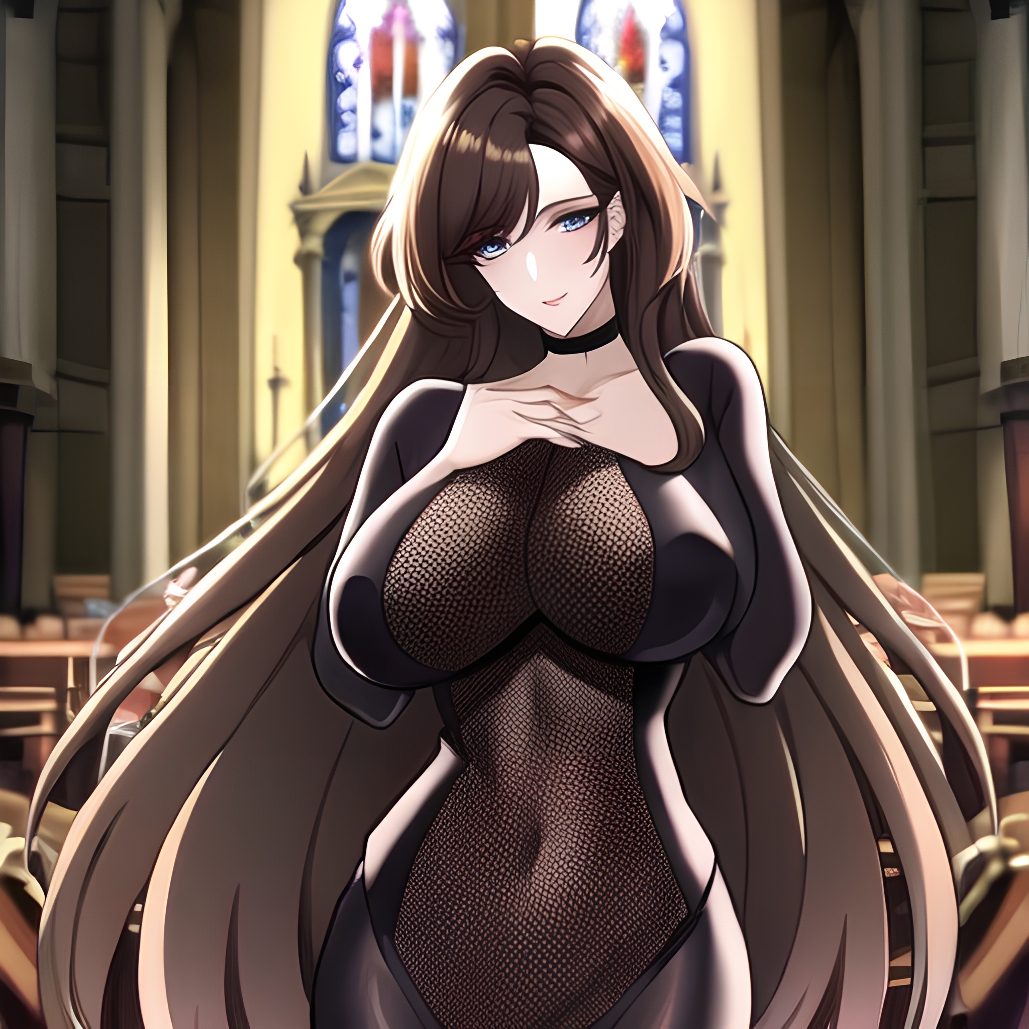 church woman long hair brunette messy hair fishnet 