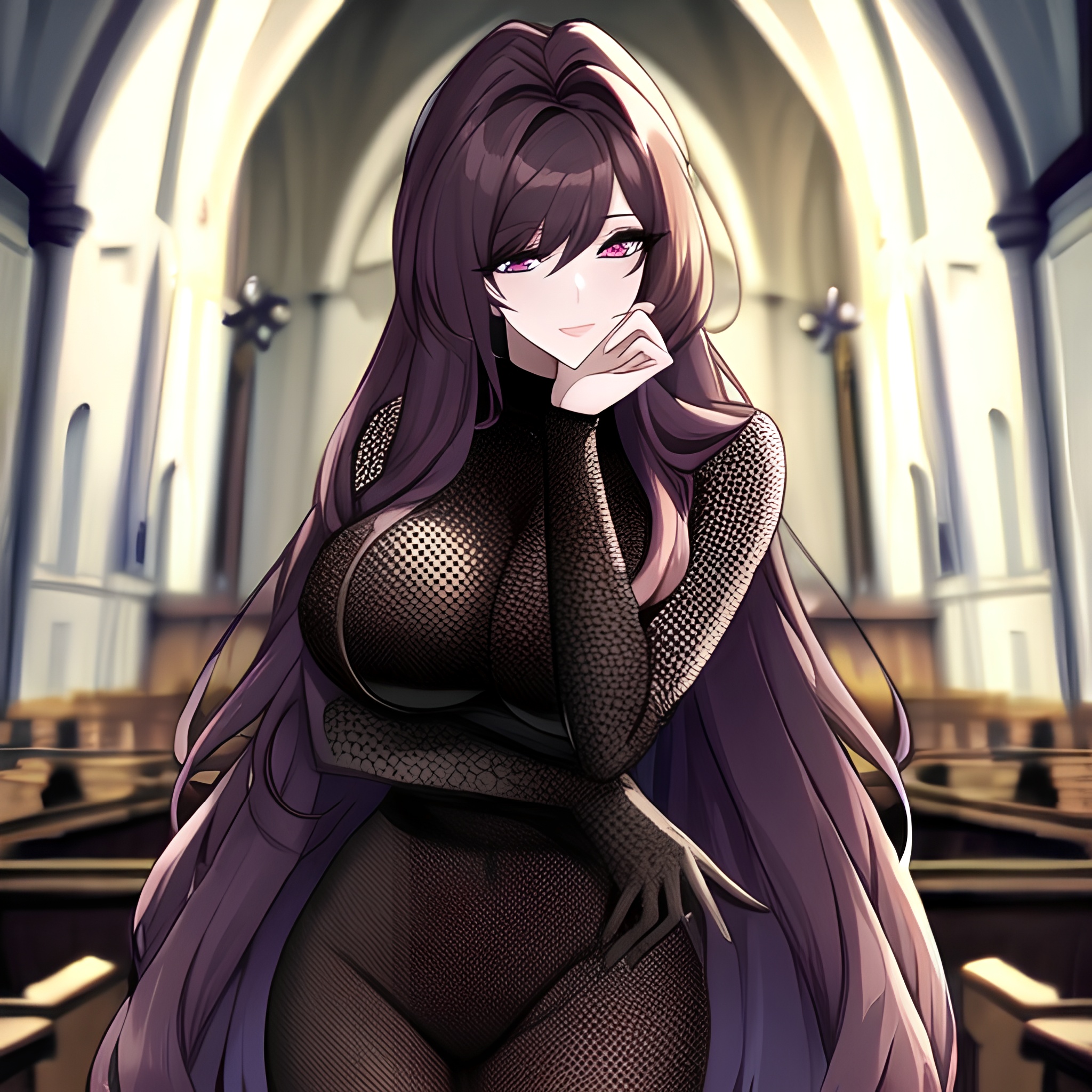 church woman long hair brunette messy hair fishnet 