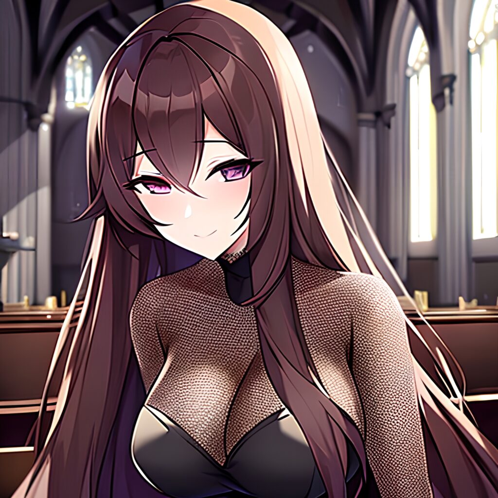 church woman long hair brunette messy hair fishnet 