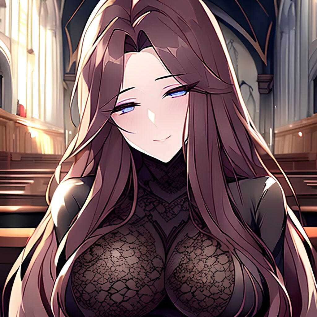 church woman long hair brunette messy hair fishnet 