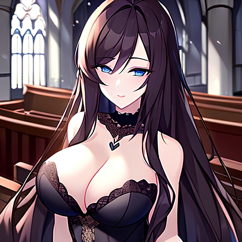 church woman long hair brunette messy hair fishnet 
