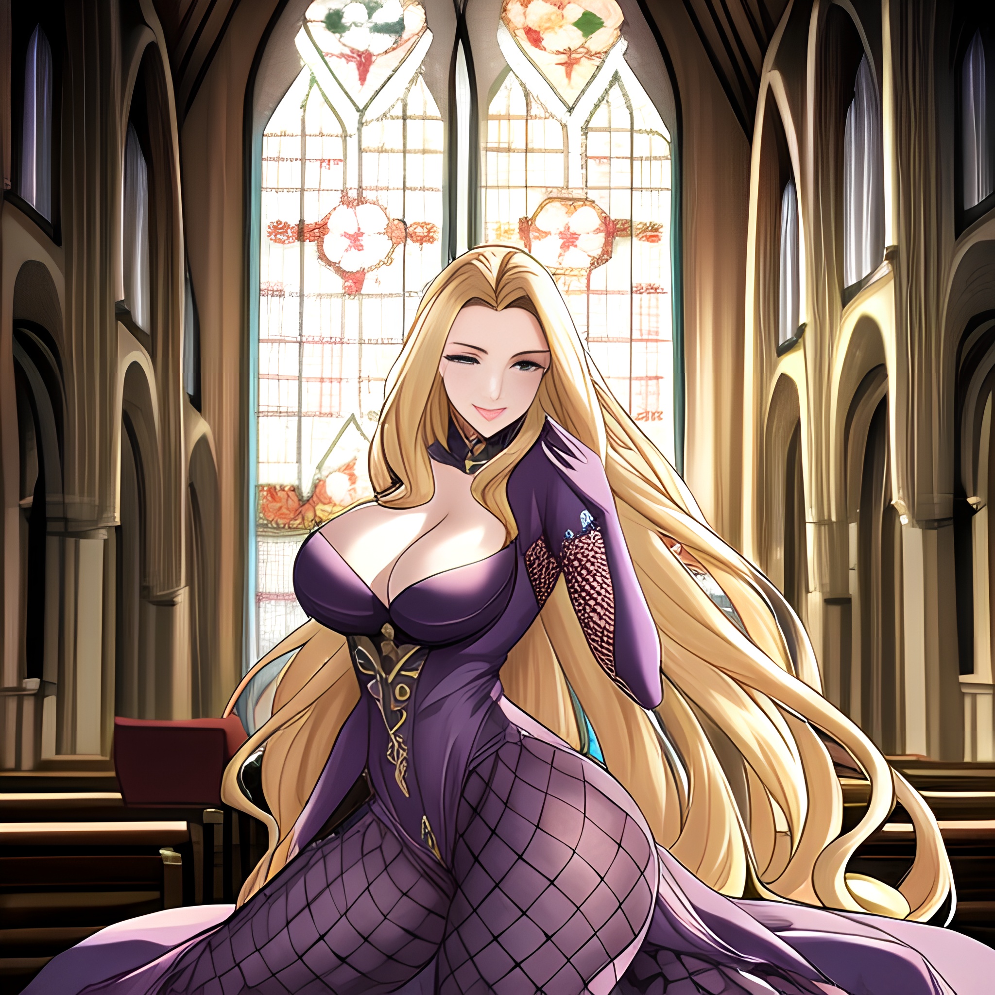 church woman long hair fishnet blonde 