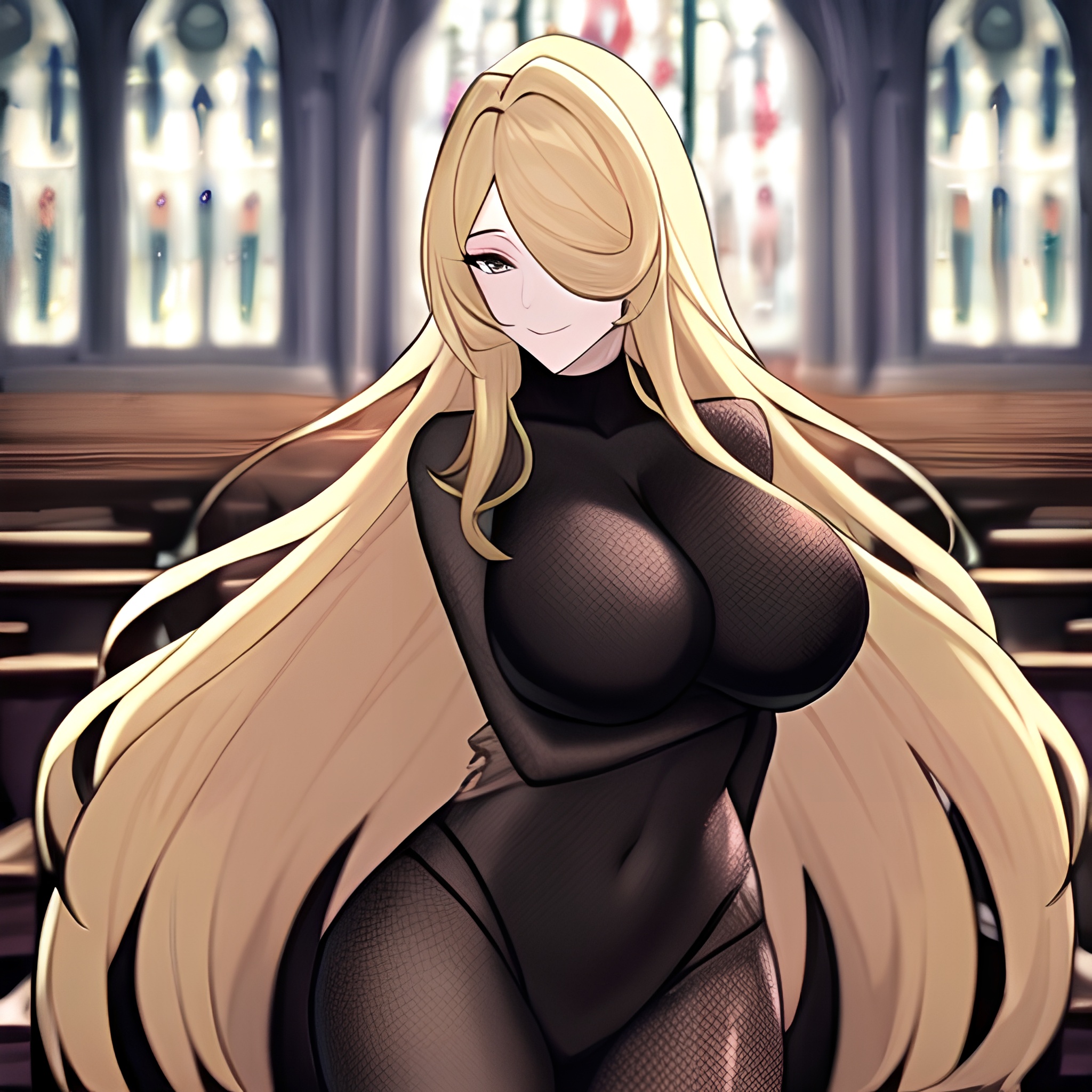 church woman long hair fishnet blonde 