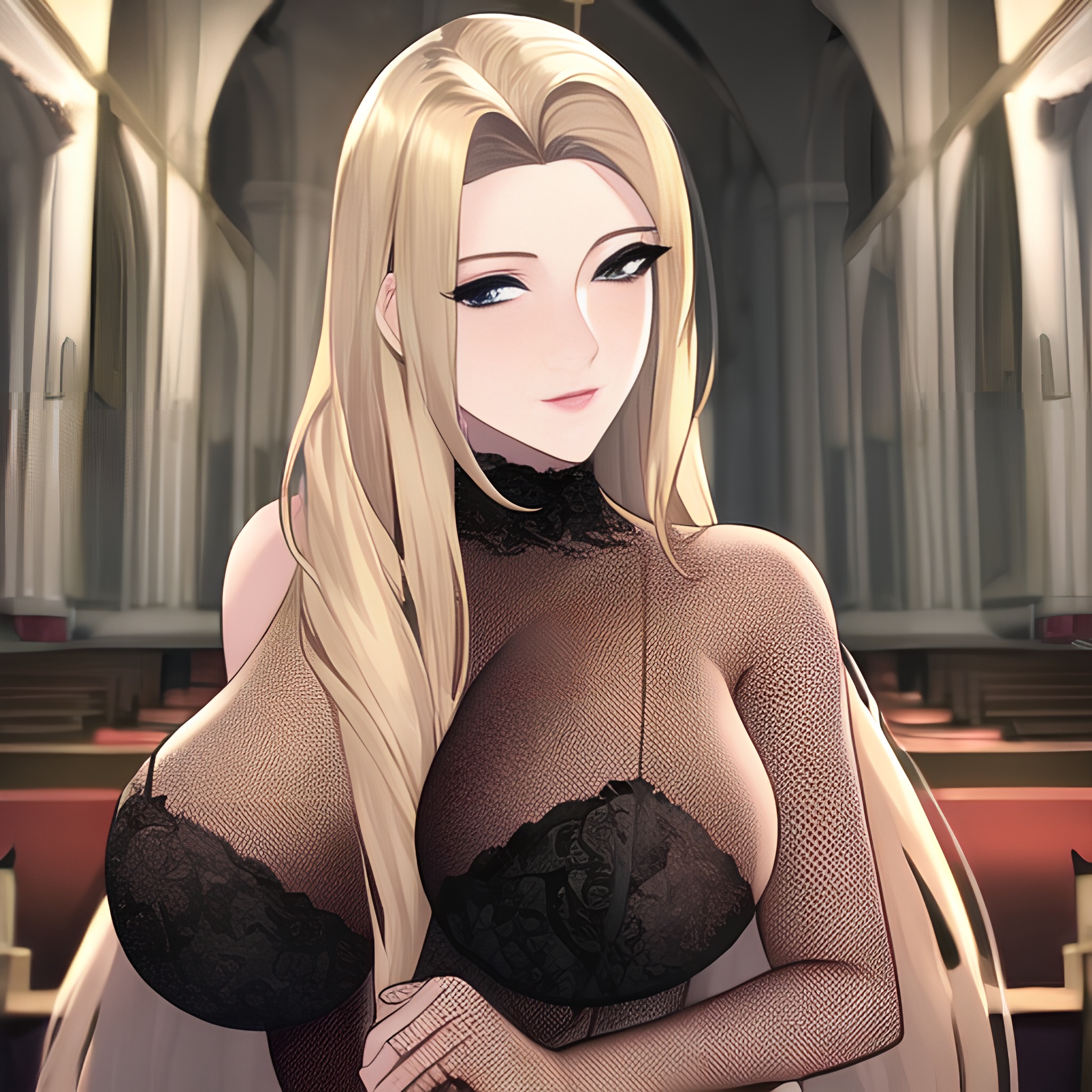 church woman long hair fishnet blonde front view small boobs nude 