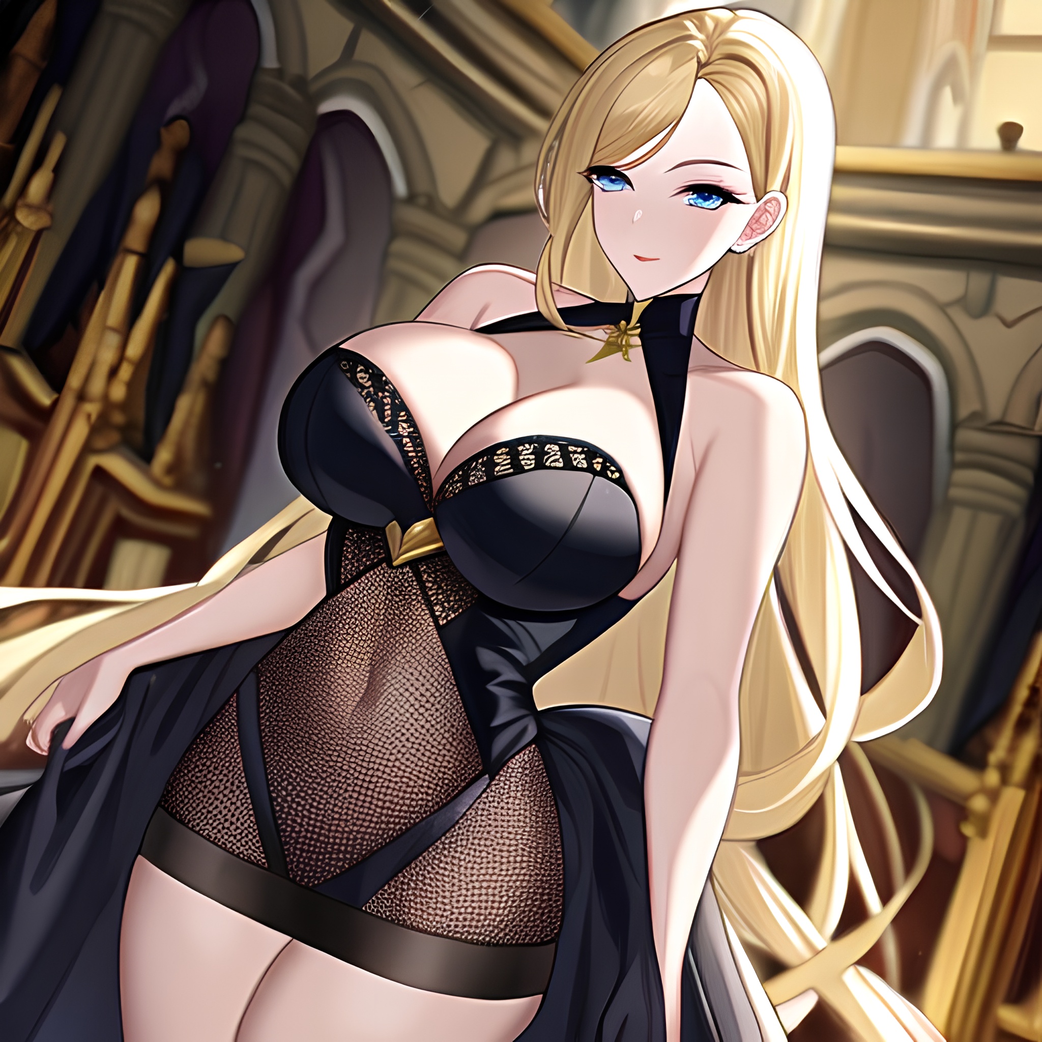 church woman long hair fishnet blonde 