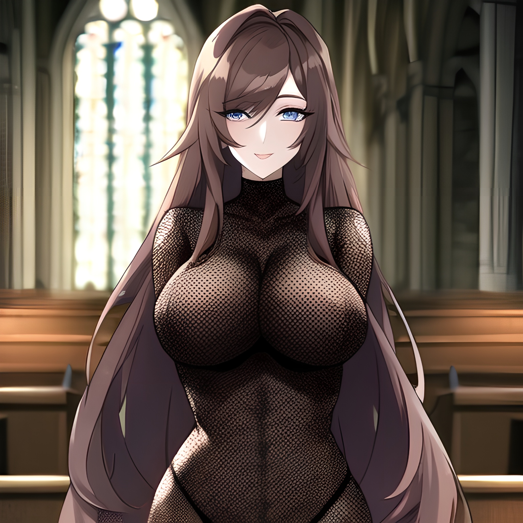 church woman long hair fishnet brunette messy hair 