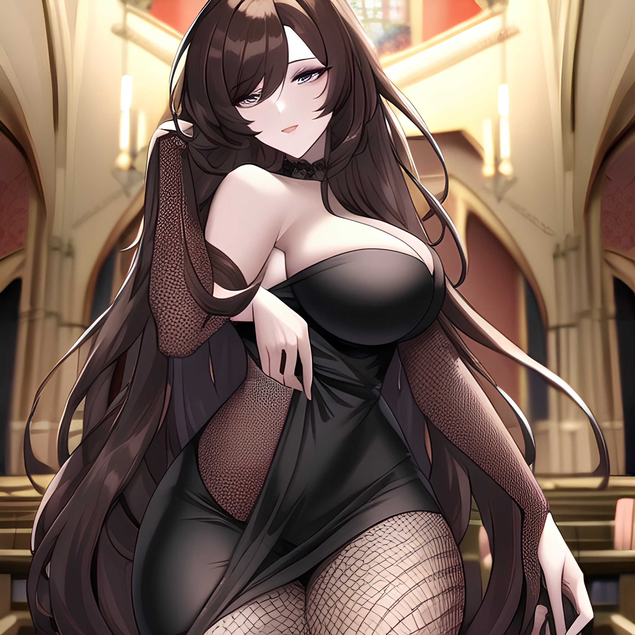 church woman long hair fishnet brunette messy hair 