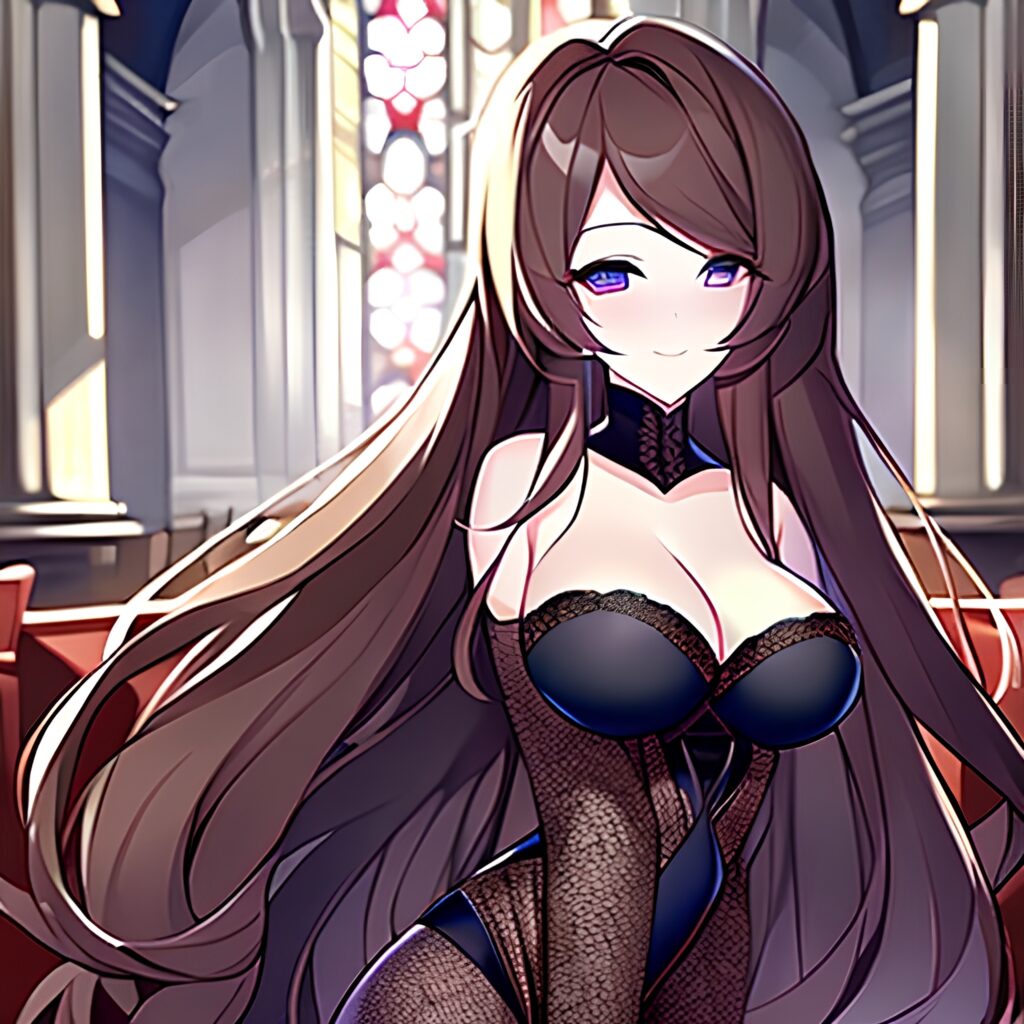 church woman long hair fishnet brunette messy hair 