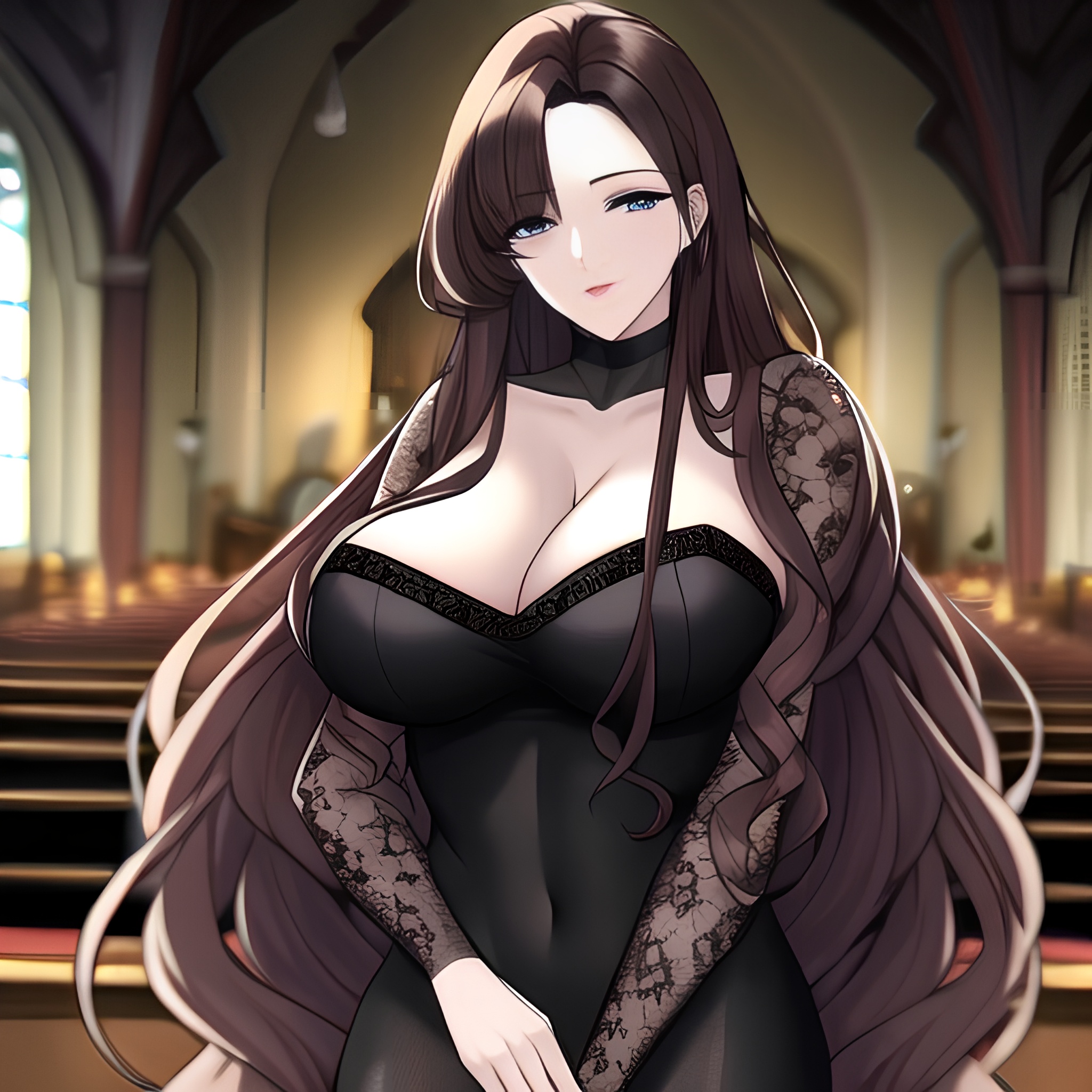 church woman long hair fishnet brunette messy hair 