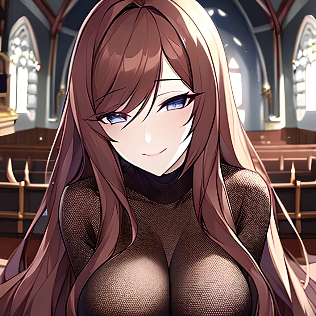 church woman long hair fishnet messy hair brunette 