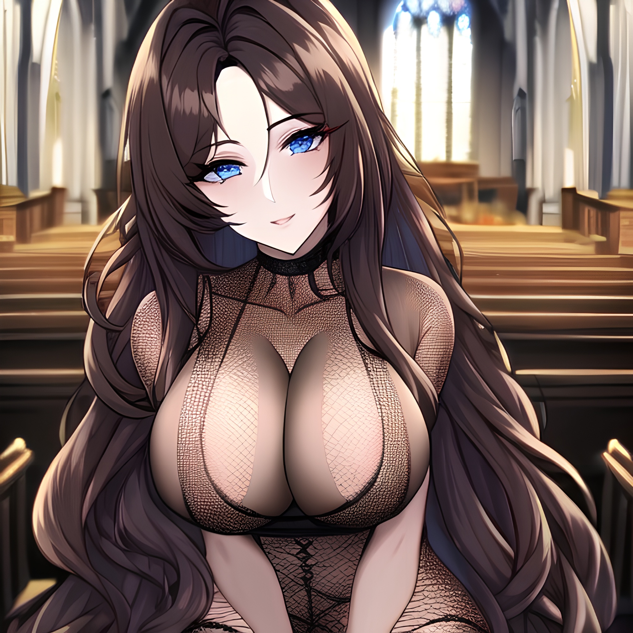 church woman long hair fishnet messy hair brunette 