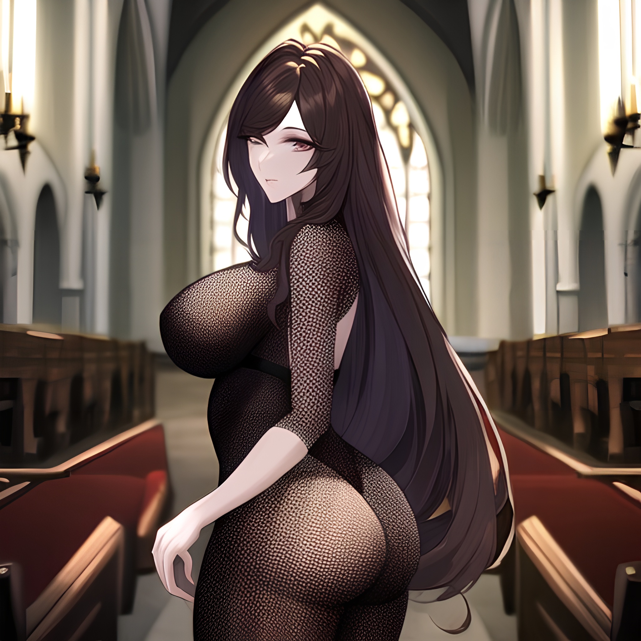 church woman long hair fishnet messy hair brunette 