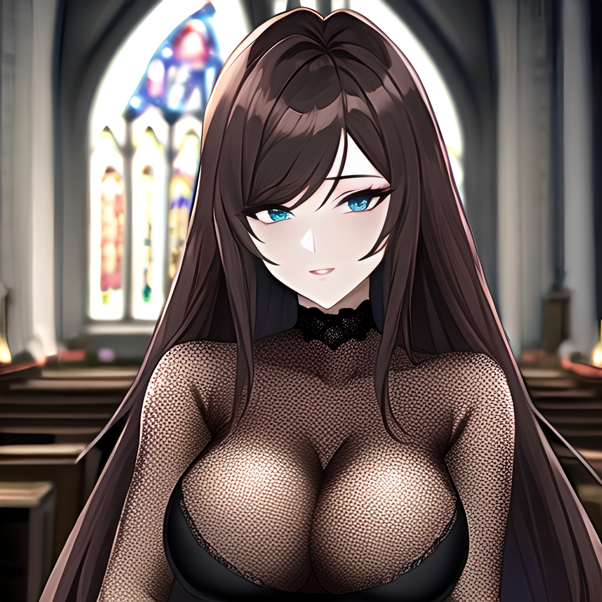church woman long hair fishnet messy hair brunette 