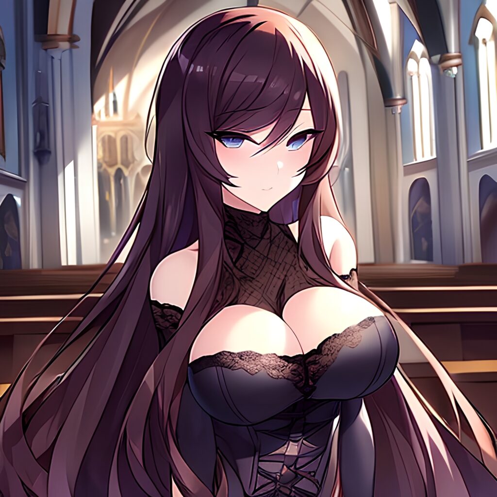 church woman long hair fishnet messy hair brunette 