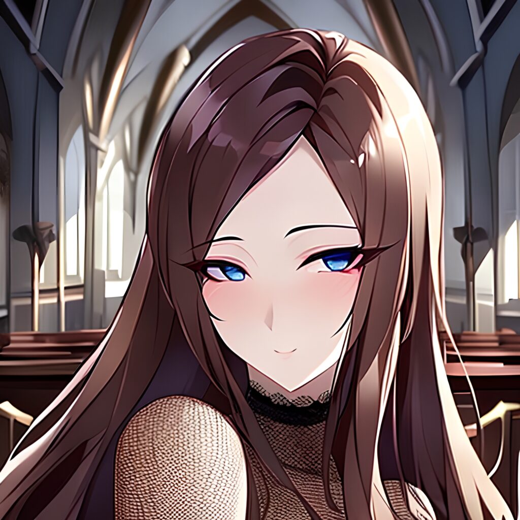 church woman long hair fishnet messy hair brunette 