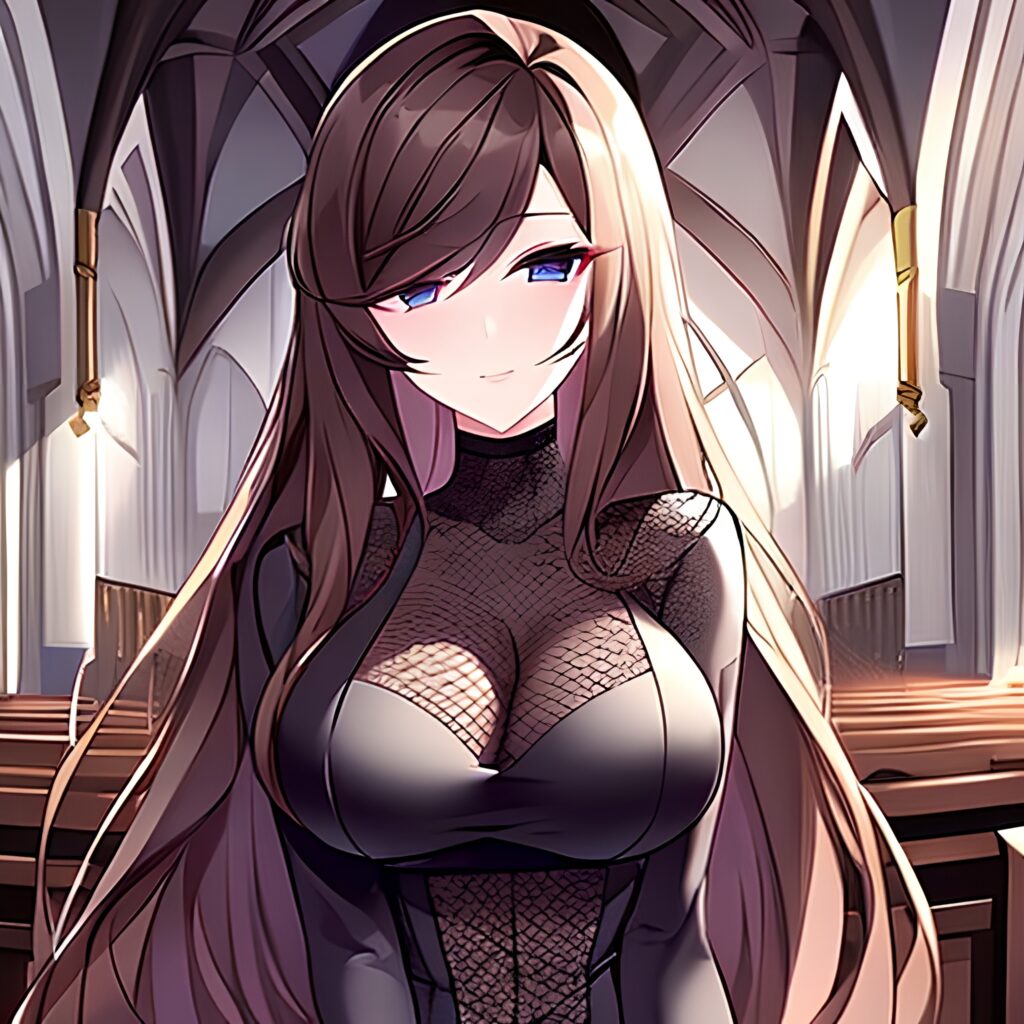 church woman long hair fishnet messy hair brunette 