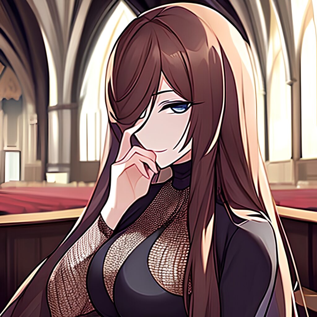 church woman long hair messy hair brunette fishnet 