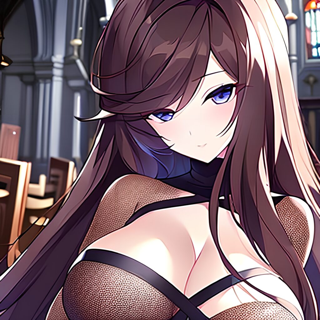 church woman long hair messy hair brunette fishnet 