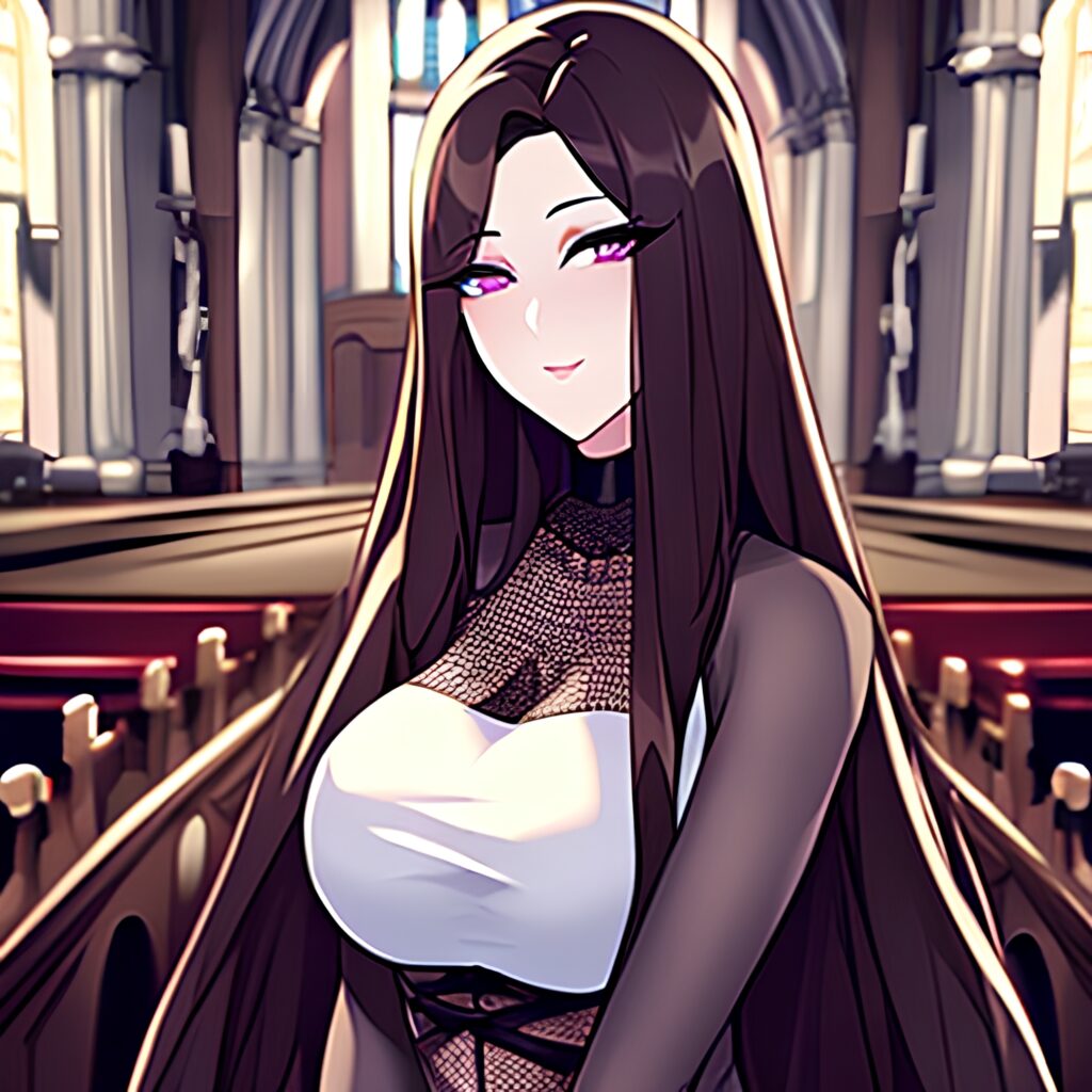 church woman long hair messy hair brunette fishnet 