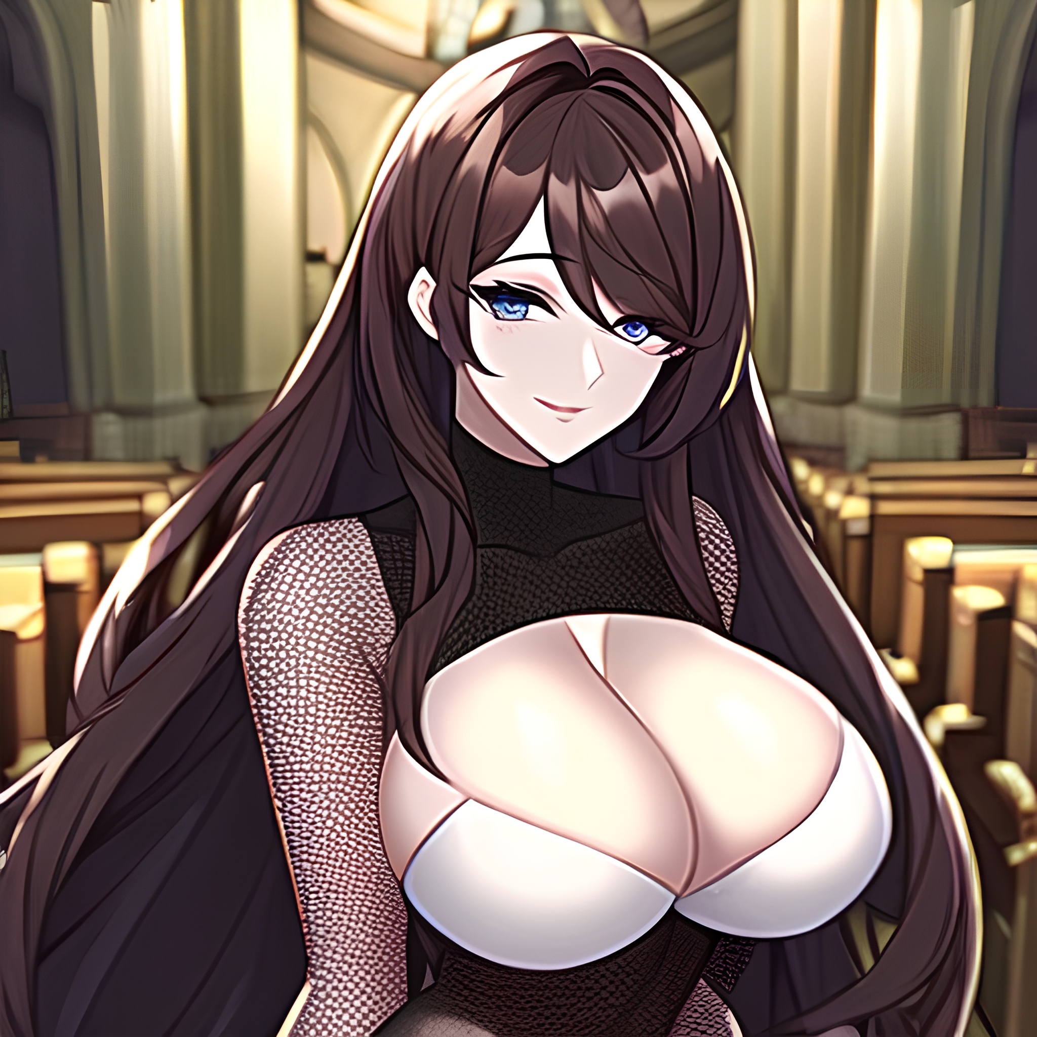 church woman long hair messy hair brunette fishnet 