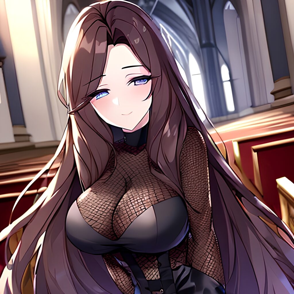 church woman long hair messy hair brunette fishnet 