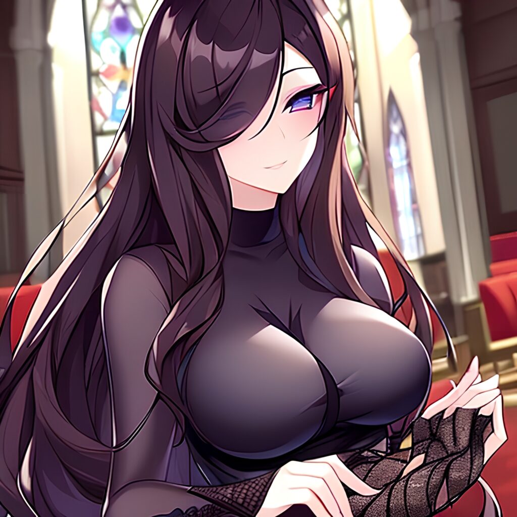 church woman long hair messy hair brunette fishnet