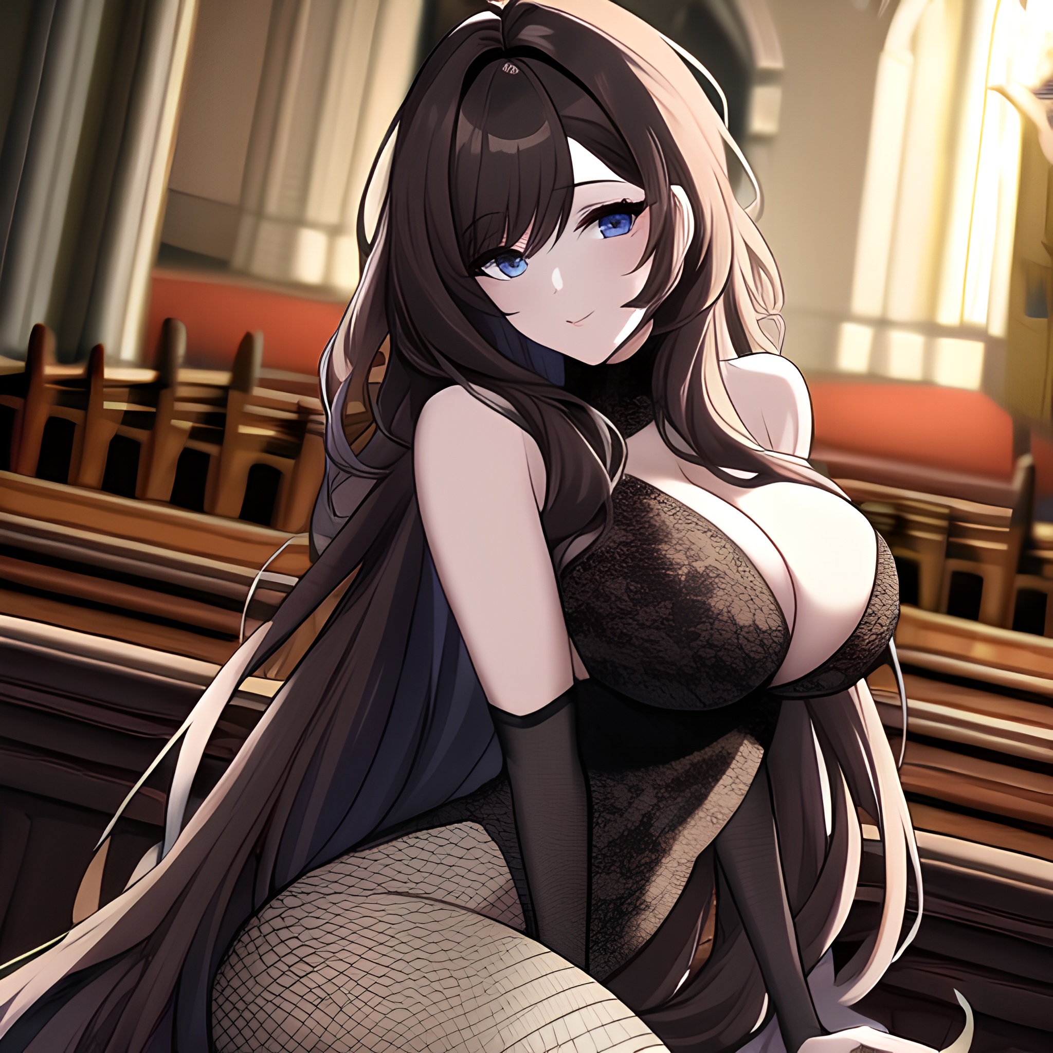 church woman long hair messy hair fishnet brunette 