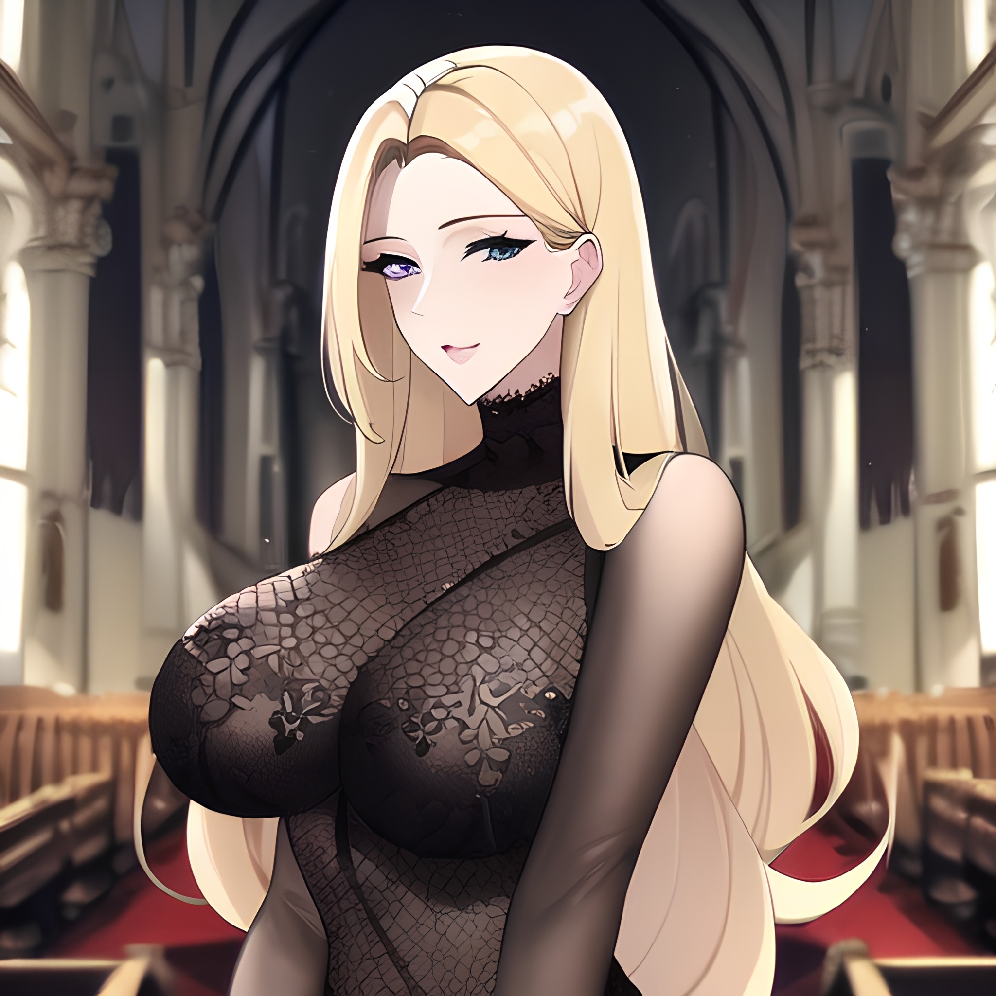church woman long hair nude small boobs fishnet blonde front view 