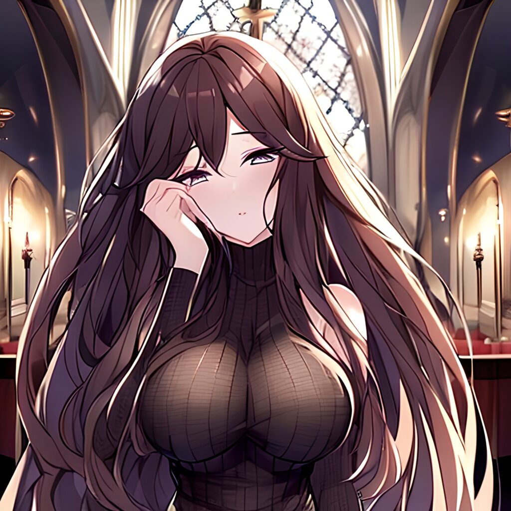 church woman messy hair brunette fishnet long hair 