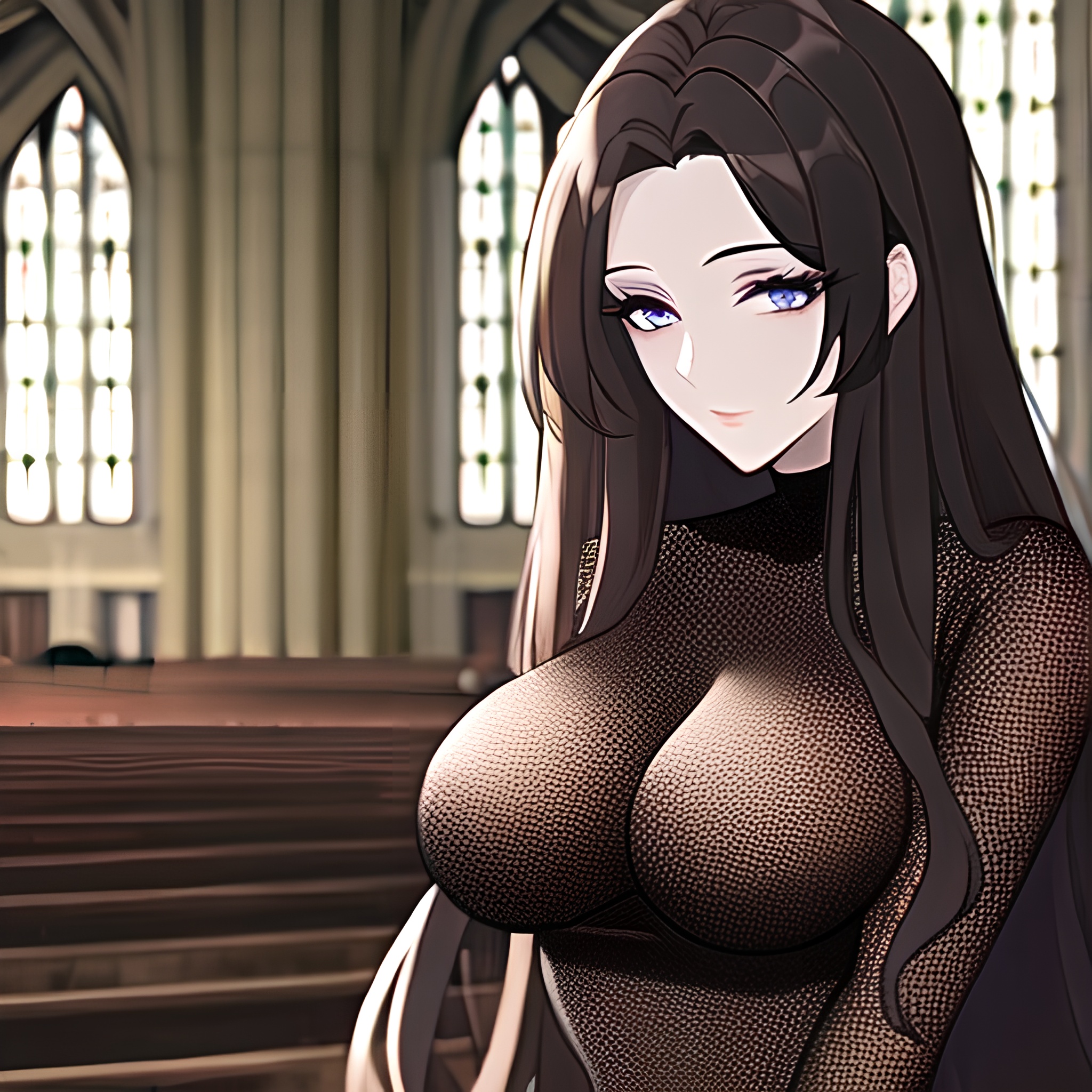 church woman messy hair brunette fishnet long hair 