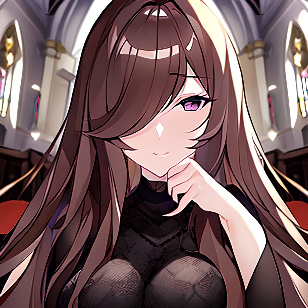 church woman messy hair brunette long hair fishnet 